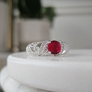 Fancy round Red Ruby Gem Ring, solid 925 Sterling Silver Charmed Aroma